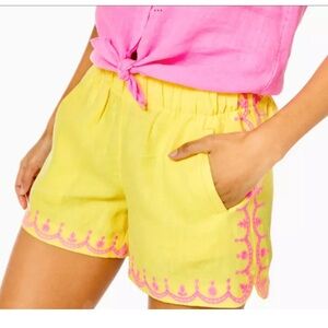 Lilly Pulitzer 4" XS Laryn‎ Linen Short Calla Yellow  PINK Embroidery